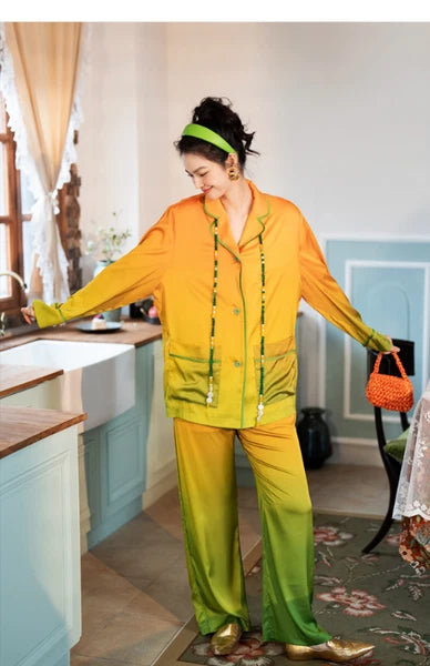 Orange Women PajamaSet Long Sleeve Spring Autumn Sleepwear Thin Green Home Suit