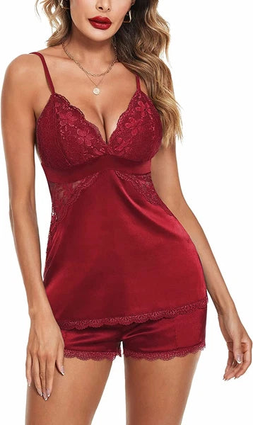 Womens Sexy Lingerie Silk Pajamas Set Sleepwear Satin Cami Vest Nightwear Pyjama