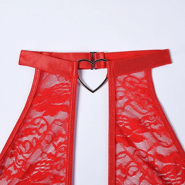 Women's Sexy Halter Lingerie Set with Garter Belts Lace Teddy Babydoll Bodysuit