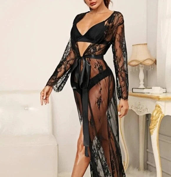 Plus Women Lingeries Lace Dress Sheer See-Through Nightwear Bathrobes Pajamas