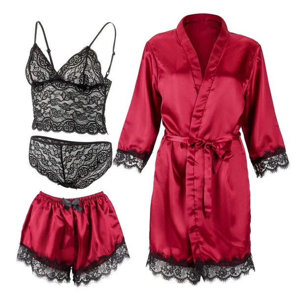 4Pcs Women' Silk Satin Pajamas Set Lingerie Floral Lace Cami Sleepwear with Robe
