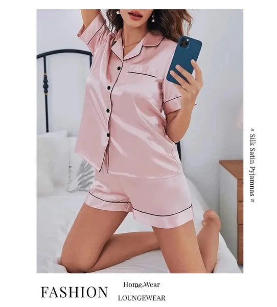 Summer Women Pajamas  Button Down Top&Shorts 2 Pieces Sleepwear Notched Collar