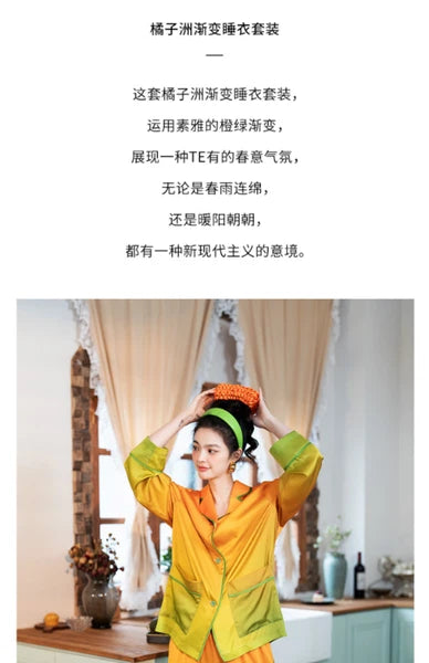 Orange Women PajamaSet Long Sleeve Spring Autumn Sleepwear Thin Green Home Suit