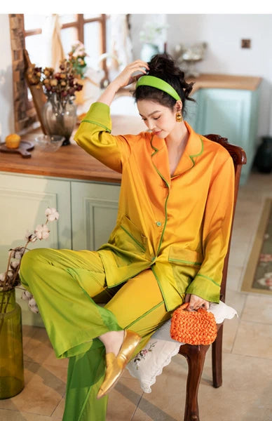 Orange Women PajamaSet Long Sleeve Spring Autumn Sleepwear Thin Green Home Suit