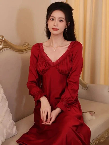 Spring Vintage Princess Sleepwear Silk Pajama Nightdress  Ruffles Lace V-Neck