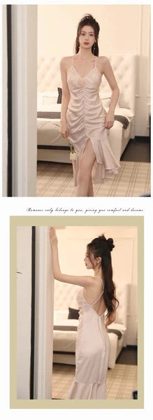 Summer Sleeveless Backless Pajama Night Dress Suspended Split Fold Long Girls