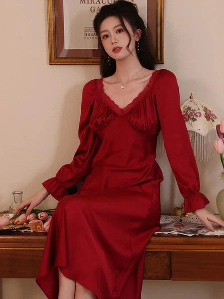 Spring Vintage Princess Sleepwear Silk Pajama Nightdress  Ruffles Lace V-Neck