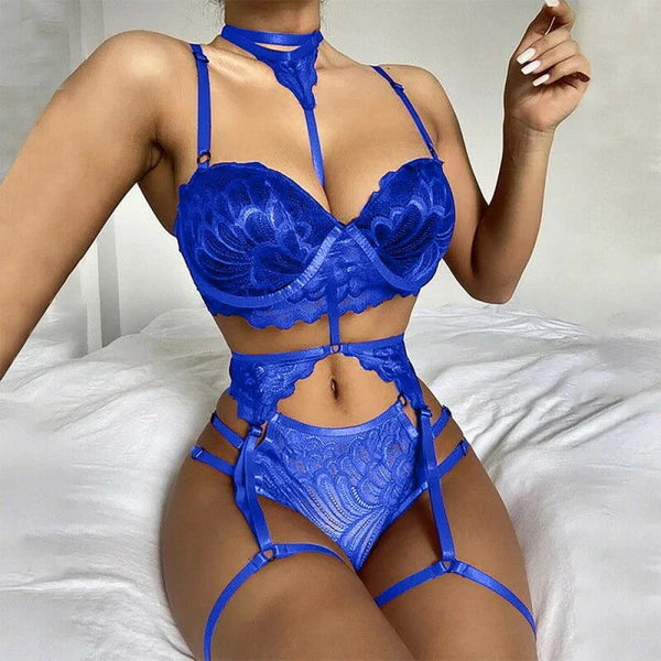 Womens Sexy Lingerie Set Bra + Thong + Garter Belt Babydoll G-String Underwear !