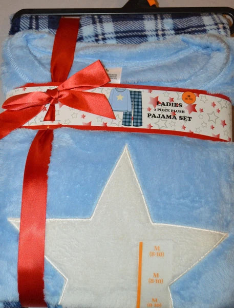Women's Super Hero Blue Star Plaid 2 Pc. Plush Pajama Sleep Set Sizes S-3XL
