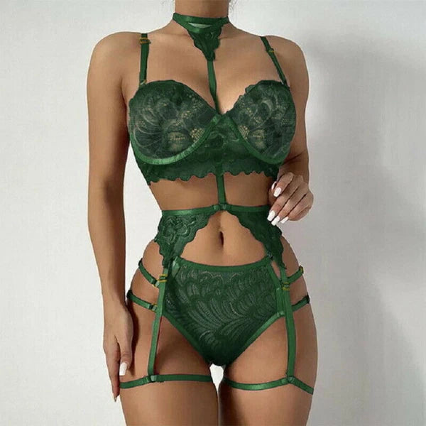 Womens Sexy Lingerie Set Bra + Thong + Garter Belt Babydoll G-String Underwear !