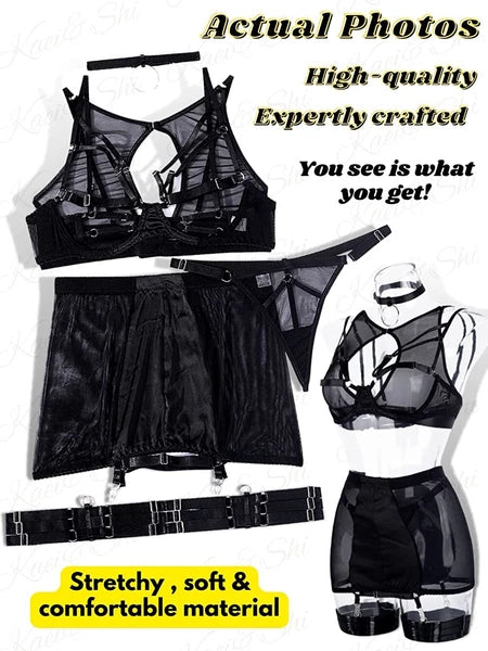 Sexy Garter Belt Set Women High Waist Lingerie Babydoll 4pcs Nightwear Sleepwear