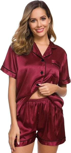 Women Silk Satin Pajamas Set Short Sleeve Button-Down Sleepwear Loungewear Charm